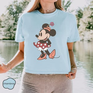 Op de afbeelding: Lichtblauw T-shirt met een cartoon illustratie van Minnie Mouse. Minnie draagt een rode polkadot jurk met een witte ruche, roze schoenen en een bloem op haar hoofd. Het shirt heeft een ronde hals en korte mouwen.