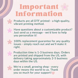 May include: A light purple graphic with the text "Important Information" in a pink, retro font. The text is surrounded by floral and circular design elements. Additional text describes product details and a guarantee.