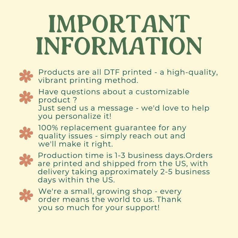 K&ouml;nnte beinhalten: Ein cremefarbenes Grafikdesign mit gr&uuml;nem Text "IMPORTANT INFORMATION". Der Text beschreibt Produktdetails, einschlie&szlig;lich Druckmethoden, Anpassungsoptionen und eine Ersatzgarantie.