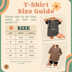 May include: A size guide for t-shirts, featuring a chart with size, width, and length measurements in inches. The guide includes sizes S to 2XL, with widths ranging from 18.25 to 26 inches and lengths from 26.625 to 31.625 inches. The image also shows models wearing the t-shirts.