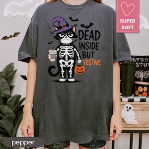Halloween Cute Cat Comfort Colors®  T-Shirt, Dead Inside But Festive Cat Halloween Shirt, Funny Skeleton Cat Tee, Spooky Coffee Lover Shirt