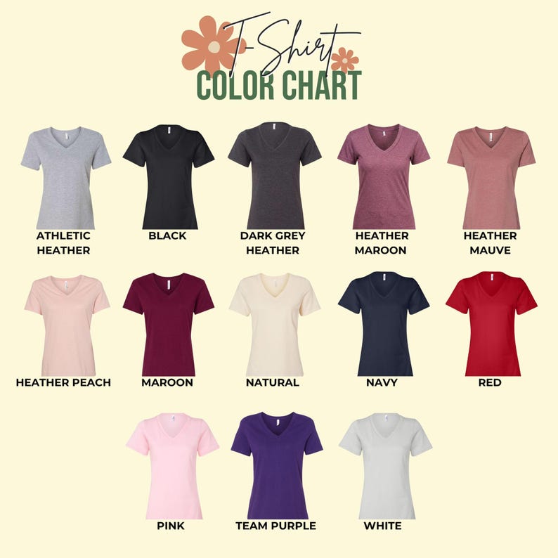 K&ouml;nnte beinhalten: Eine Farbkarte mit verschiedenen V-Ausschnitt-T-Shirts in verschiedenen Farben. Farben sind Athletic Heather, Schwarz, Dark Grey Heather, Heather Maroon, Heather Mauve, Heather Peach, Maroon, Natural, Navy, Rot, Pink, Team Purple und Wei&szlig;.