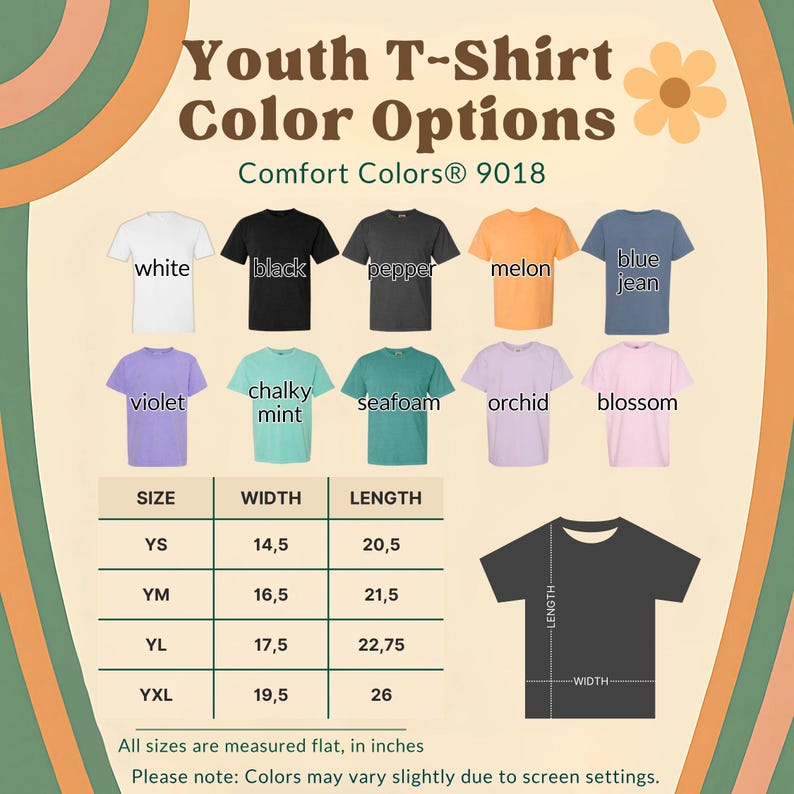 May include: A graphic showing youth t-shirt color options in white, black, pepper, melon, blue jean, violet, chalky mint, seafoam, orchid, and blossom. The image includes a size chart with measurements in inches and the text "Youth T-Shirt Color Options."