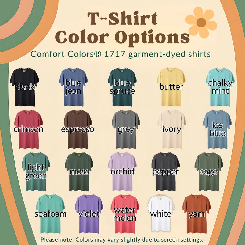 May include: A color chart of Comfort Colors 1717 garment-dyed t-shirts. The chart displays various shirt colors, including black, blue jean, blue spruce, butter, chalky mint, crimson, espresso, grey, ivory, ice blue, light green, moss, orchid, pepper, sage, seafoam, violet, watermelon, white, and yam.