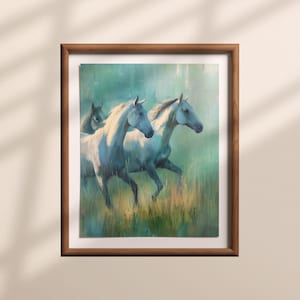 Horse Oil Painting: Running White Horses in Field, Elegant Equestrian Wall Art, Western Country Home Decor (Digital Download) | AW012