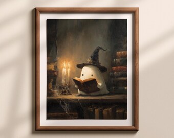 Vintage Halloween-oljemålning: Söt spöke med häxhatt i mörkt akademiskt bibliotek, häxig stämningsfull konst (digital nedladdning) | H013