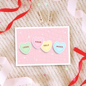 postale de coeur de sucrerie | Aimez-vous plus d'affirmations | Papeterie esthétique pastel mignonne de style Saint-Valentin pour la journalisation et le courrier heureux