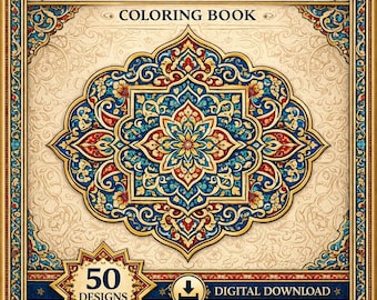 Libro da colorare con motivi di tappeti anatolici, 50 disegni turchi (download digitale)