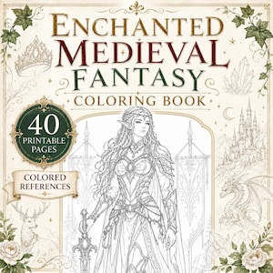 Könnte beinhalten: Ein Malbuch mit dem Titel Enchanted Medieval Fantasy mit 40 druckbaren Seiten und farbigen Referenzen. Das Cover zeigt eine Strichzeichnung eines Elfenkriegers mit Schwert, einen Drachen, eine Burg, einen Hirsch und florale Akzente.