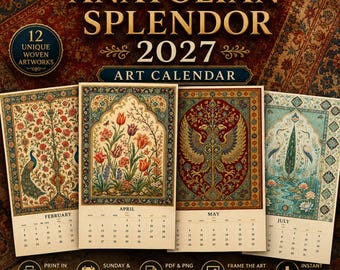 Calendario dell'arte anatolica stampabile 2027, formato A3, A4, US Letter, PDF, PNG, inizio domenica e lunedì