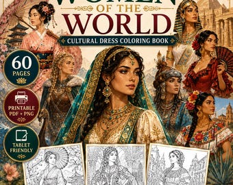 60 Mujeres con vestimenta tradicional, páginas para colorear de arte femenino histórico, PDF PNG