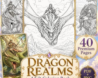 Dragon Coloring Book for Adults, Fantasy Printable Pages with Colored References
