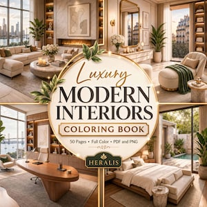 May include: A circular graphic overlay featuring the text Luxury MODERN INTERIORS COLORING BOOK 50 Pages Full Color PDF and PNG HERALIS centered over a collage of four high-end room scenes including a living room, bedroom, and office.