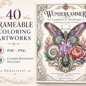 May include: A digital colouring book titled WUNDERKAMMER CABINETS OF WONDERS featuring 40 frameable colouring artworks. The cover displays a purple butterfly, crystals, a shell, and a beetle. Includes PDF and PNG files with coloured references.