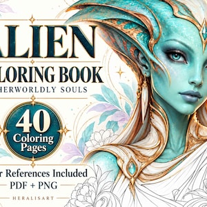 Könnte beinhalten: Ein Alien-Malbuch mit dem Titel Otherworldly Souls, das eine blaugrüne außerirdische Figur mit goldenen Akzenten, 40 Malvorlagen, Farbreferenzen sowie PDF- und PNG-Dateiformate zeigt. Der Text lautet Alien Coloring Book Otherworldly Souls.