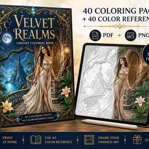 May include: A Velvet Realms fantasy coloring book featuring 40 coloring pages and 40 color references, displayed alongside a tablet showing the same artwork. The book cover depicts a person in a gold gown on a balcony with a castle background.
