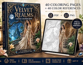 May include: A Velvet Realms fantasy coloring book featuring 40 coloring pages and 40 color references, displayed alongside a tablet showing the same artwork. The book cover depicts a person in a gold gown on a balcony with a castle background.