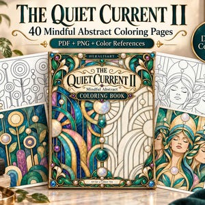Può includere: Il libro da colorare digitale The Quiet Current II contiene 40 pagine da colorare astratte e consapevoli in formato PDF e PNG con riferimenti di colore. La copertina mostra intricati motivi geometrici e figure stilizzate in ottanio, oro e viola.