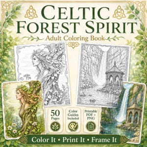 Celtic Forest Spirit Coloring Book, 50 Druid Sanctuary Pages With Color Guides