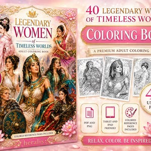 Divine Queens Adult Coloring Book, 40 Legendary Women Across Cultures, Printable PDF and PNG