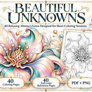 Puede incluir: Un libro de colorear digital titulado BEAUTIFUL UNKNOWNS con 40 formas abstractas relajantes. La portada muestra una gran ilustración floral multicolor en tonos rosa, azul y dorado, junto a una página de dibujo lineal en blanco y negro.