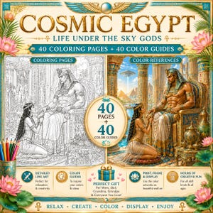 Può includere: Un libro da colorare intitolato Cosmic Egypt: Life Under the Sky Gods con 40 pagine da colorare e 40 guide ai colori. La copertina mostra una scena in bianco e nero e una versione a colori di un faraone egizio e una figura inginocchiata.