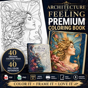 Op de afbeelding: Een digitaal kleurboek getiteld The Architecture of Feeling, met 40 originele kleurplaten en 40 full-colour voorbeelden. De omslag toont een vrouw met vloeiend haar omringd door bloemmotieven in blauwe, gouden en roze tinten.