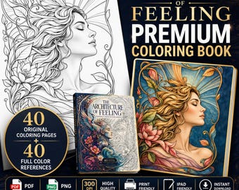 Surreal Adult Coloring Book, 40 Printable Art Nouveau Pages with Colored References, PDF PNG