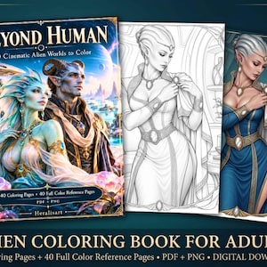 Puede incluir: Un libro de colorear digital titulado Beyond Human con 40 mundos alienígenas cinematográficos. La portada muestra a una pareja de fantasía en un paisaje extraterrestre, junto a dibujos de líneas en blanco y negro y una página de referencia.