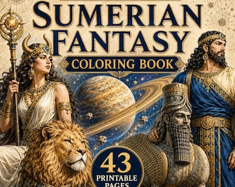 May include: A coloring book titled The 12th Planet Awakens Sumerian Fantasy featuring 43 printable pages and colored references. The cover displays a woman with a horned crown holding a staff, a lion, a bearded man, and a winged statue near a planet.