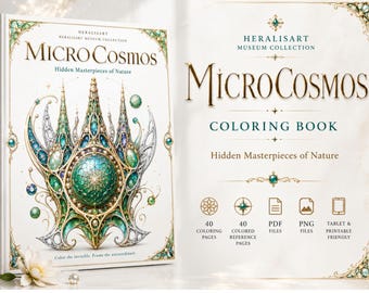 May include: A coloring book titled MicroCosmos: Hidden Masterpieces of Nature, featuring an intricate, jewel-toned illustration of a symmetrical, spire-like structure in shades of teal, gold, and white, with 40 coloring and reference pages.