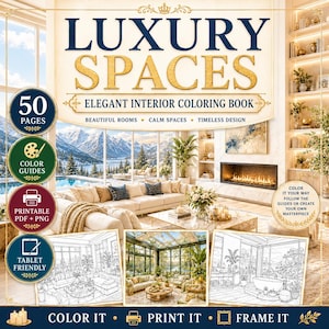 May include: A digital coloring book titled Luxury Spaces featuring 50 pages of interior designs. The cover displays a modern living room with a fireplace, mountain view, and three black-and-white line art examples of interior spaces.