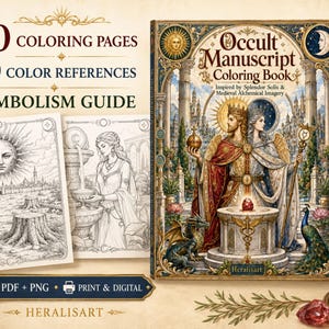 May include: Occult Manuscript Colouring Book featuring 40 colouring pages, 40 colour references, and a symbolism guide. The cover displays a dual-crowned figure, a dragon, and a peacock. Text includes "40 colouring pages," "40 colour references," and "symbolism guide."