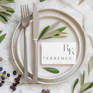 Tarjetas de lugar de la colección Monogram, tarjetas de nombre impresas para recepción de boda, plegadas y planas, papelería de boda, diseño moderno minimalista