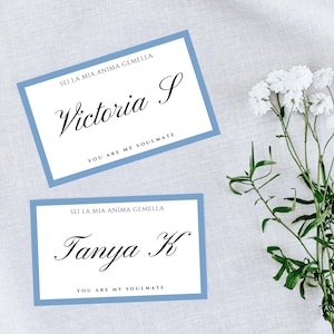 Tarjetas de lugar de la colección Italia, tarjetas de nombre impresas para recepción de boda, plegadas y planas, diseño cursivo tradicional
