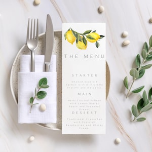 Cartes de menu de la collection Sicile, menu de mariage imprimé pour la réception, carte de menu du dîner, design lumineux de mariage italien d'été
