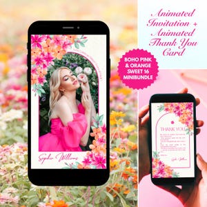 Mini paquete de invitación animada para quinceañeras / Diseño floral bohemio rosa y naranja / Plantilla bohemia de Canva + Tarjeta de agradecimiento / Descarga instantánea