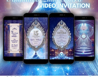 May include: Animated Quinceañera video invitation displayed on four smartphones. The design features a blue and silver theme with text that reads "Animated Quinceañera VIDEO INVITATION". Each phone screen shows different invitation details.