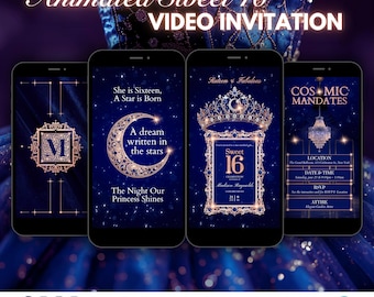 May include: Animated Sweet 16 video invitation displayed on four smartphones. The designs feature gold accents, celestial themes, and the text "Sweet 16." The invitation includes details like date, time, location, and RSVP information. The overall color scheme is navy blue and gold.