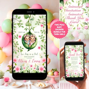 Two Peas in a Pod Baby Shower Bundle | Animated Twin Girls Invitation + Thank You Card | Editable Digital Download