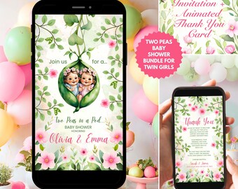 Twin Girls Baby Shower Animated Invitation + Thank You Card | Two Peas in a Pod Digital