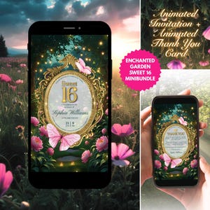 Enchanted Garden Sweet 16 geanimeerde uitnodiging + bedankkaart | Minibundel Geen Foto Video | Sprookjesachtige verjaardagssjabloon | Bewerkbaar in canvas