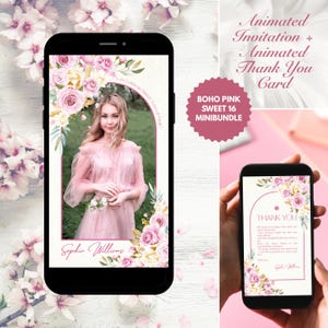 Mini paquete de invitación animada para 16 años / Diseño floral bohemio rosa / Plantilla de Canva rosa bohemio + Tarjeta de agradecimiento / Descarga instantánea