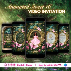 Animated Sweet 16 Invitation Photo Enchanted Garden Magic Mirror Video Pink Gold Interactive Bundle