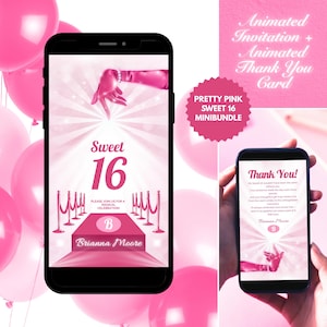 Minibundel met geanimeerde uitnodiging Sweet 16, geen foto | Roze elegante canvassjabloon + bedankkaart