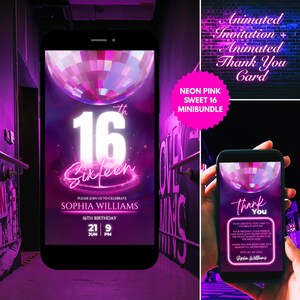 Minipaquete de invitación animada rosa neón para quinceañeras / Plantilla de video de Canva con clip decorativo de cuenta regresiva + Tarjeta de agradecimiento / Descarga instantánea