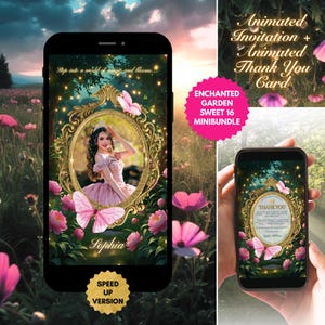 Enchanted Garden Sweet 16 geanimeerde uitnodiging met foto en bedankkaart | Minibundel sprookjesvideo | Bewerkbaar in canvas