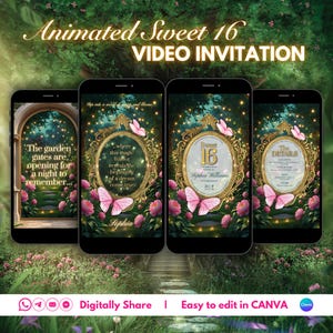 Animated Sweet 16 Enchanted Garden Invitation | Interactive Video Bundle RSVP PDF | Canva Editable Template