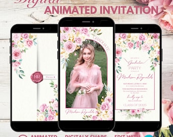 Invitación de graduación floral rosa ruborizado 2026, plantilla de foto bohemia, diseño digital editable en Canva.
