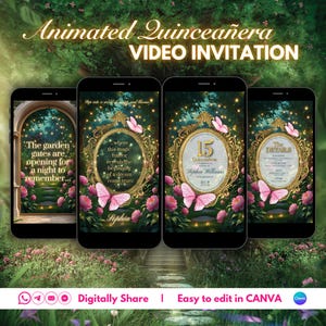 Animated Quinceanera Enchanted Garden Invitation | Interactive Video Bundle RSVP PDF | Canva Editable Template